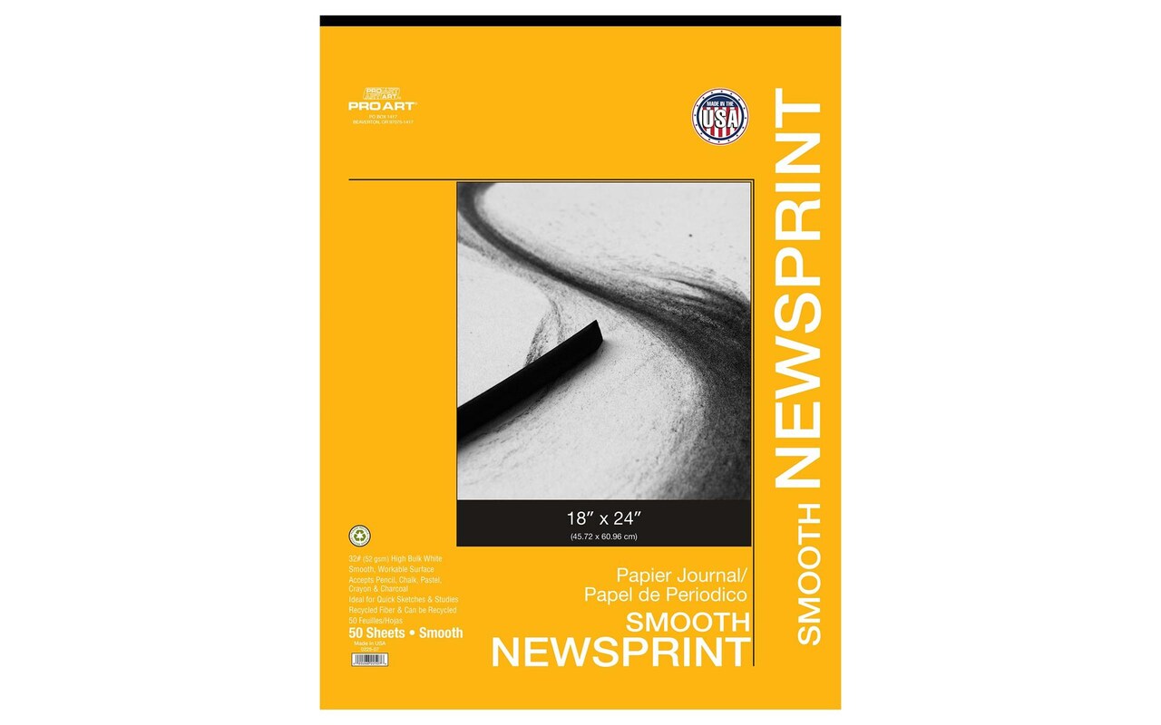 PRO ART Newsprint Paper Drawing Pad & Sketch Pad, 18x24, 50 Sheet Tape Bound Newsprint Pad, Natural Color Newspaper Sketchbook, High Bulk Smooth Finish
